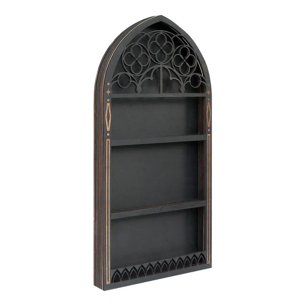 Wall Display Shelf Wood Church Window Design Stones Holder Black Wooden Shelf For Wall For Office Gothic Room Decoration