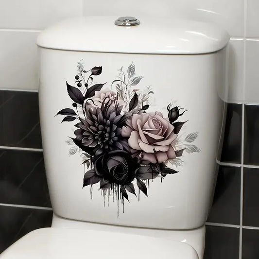 Black Gothic Rose Toilet Stickers, Bright Bathroom for Home Decoration, Vinyl Flower Decals, Art Wall Paper, Poster