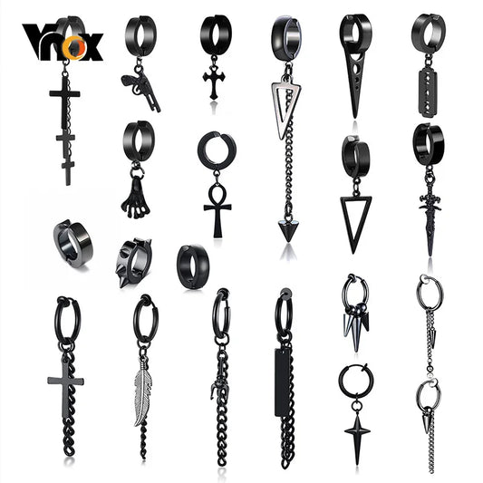 Vnox Punk Clip Earrings for Men Women, Black Stainless Steel Ear Accessory, Gothic Rock Hiphop Hoop Circle Earring 1 Piece