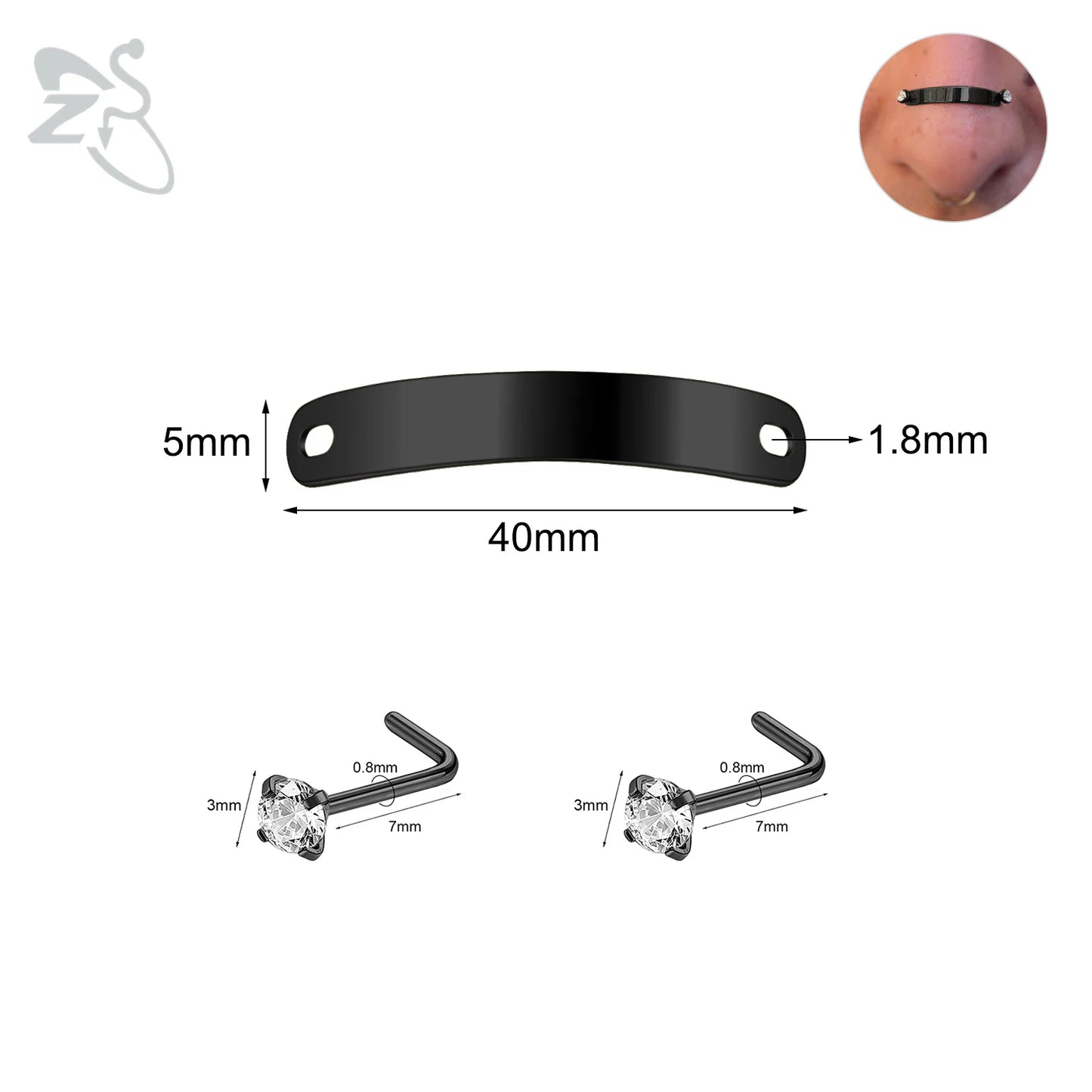ZS 1 Set 24/30/35/40/45/50MM Stainelss Steel Nose Piercing For Men Women Punk Adjustable Nostril Bridge Piercings Body Jewelry