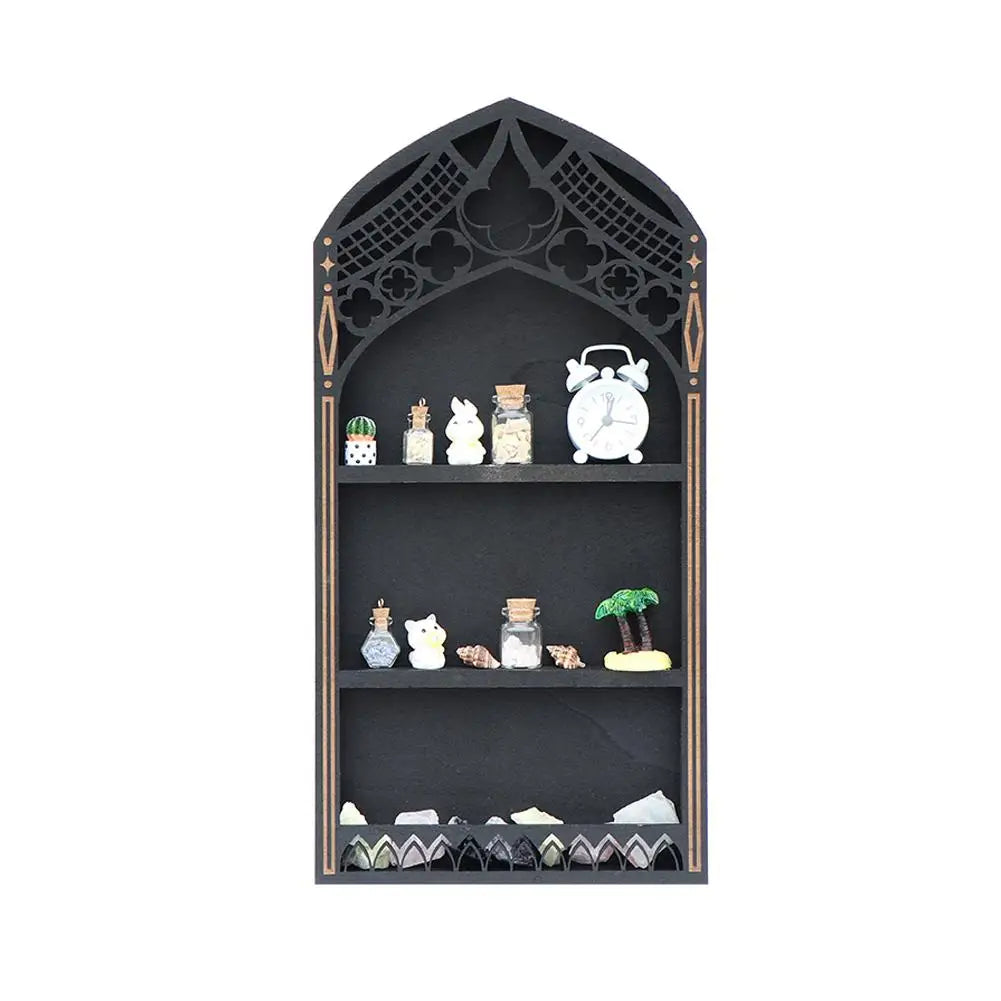 Wall Display Shelf Wood Church Window Design Stones Holder Black Wooden Shelf For Wall For Office Gothic Room Decoration