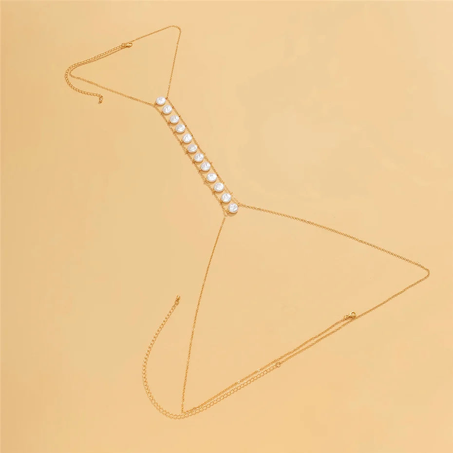 Bohemia Imitation-Pearl Cross Chest Breast Belly Body Waist Chain Necklace for Women Bikinis Summer Beach Y2K Accessories