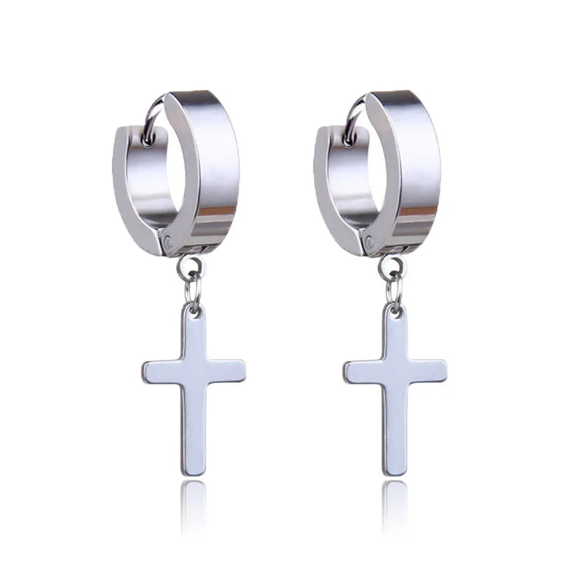 2pc Stainless Steel Cross Hoop Earrings for Men and Women Punk Black Cartilage Earrings Round Street Hip Hop Rock Jewelry Gifts