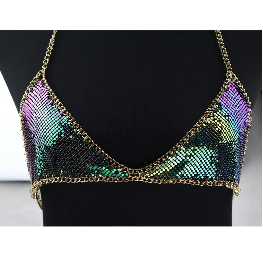 Mesh Sequin Body chain Bra Bikini Chain women Statement Metal bra chain bralette Beach Party Harness body jewelry