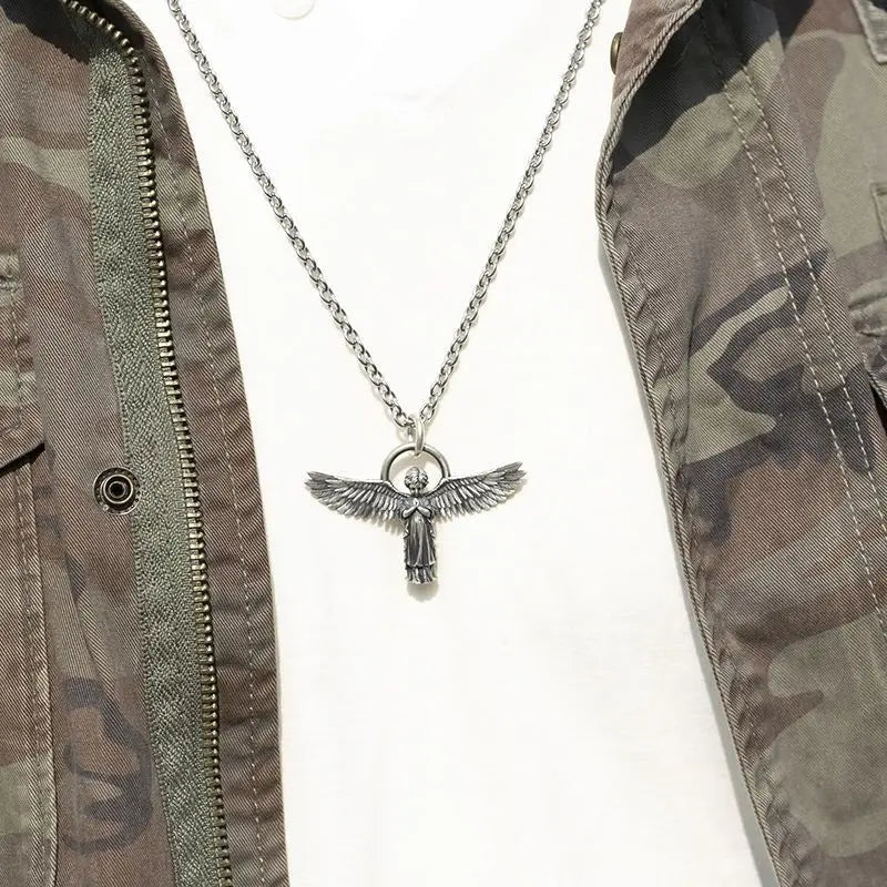 Fashion silver color guardian angel pendant necklace men and women personality angel wings prayer pendant necklace couple gift