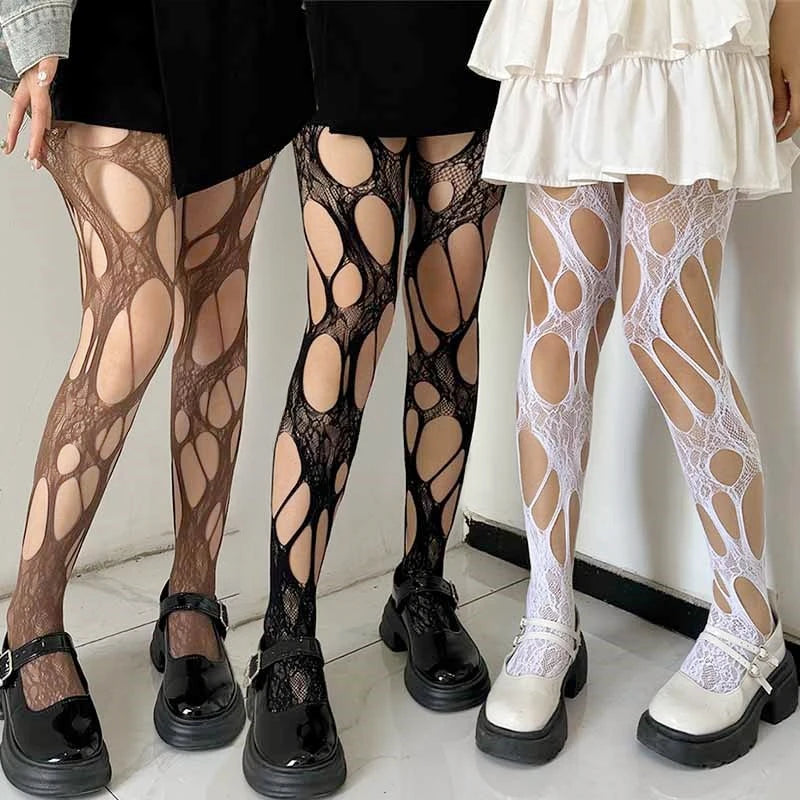Sexy Punk Women Broken Hole Stocking Ropa Interor Para Mujeres Fishing Net Socks Gothic Y2k Lace Torn Party Underwear Pantyhose