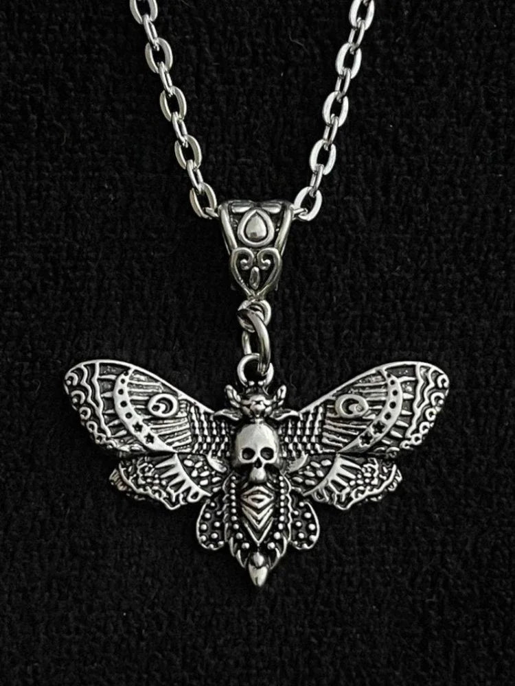 Death Moth Necklace Pendant 18inch Chain Sugar Skull Gothic Butterfly Rock Emo Goth Silver Color 18inch Strong Chain