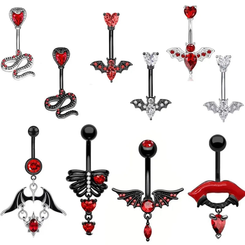New stainless steel bat belly button ring, personalized snake shaped belly button buckle, fashionable skull piercing accessory