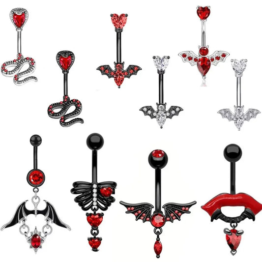 New stainless steel bat belly button ring, personalized snake shaped belly button buckle, fashionable skull piercing accessory